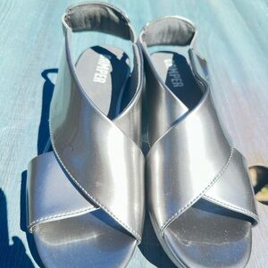 Camper balloon, metallic pant, leather, silver wedge sandals,  39 8.5 worn once